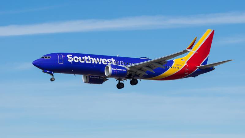 Las Vegas, Nevada, United States - March 4, 2024: Southwest Airlines N8819L, Boeing 737 aircraft shown on final approach at Harry Reid Airport.