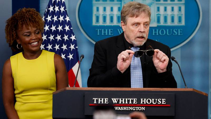 WASHINGTON, DC - MAY 03: Actor Mark Hamill joins White House Press Secretary Karine Jean-Pierre at the daily press briefing at the White House on May 03, 2024 in Washington, DC. Hamill met with President Joe Biden in the Oval Office. (Photo by Kevin Dietsch/Getty Images)